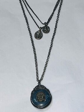 Lucky Brand Black Layered Necklace with Blue Buddha Medallion